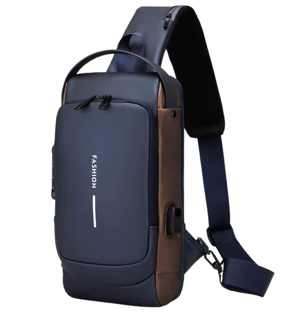 Varzamy navy blue and brown waterproof anti-theft sling bag
