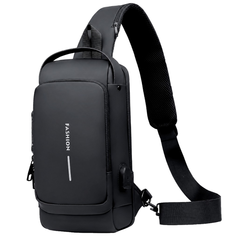 All Black water resistant anti theft sling bag with crossbody strap and organized storage