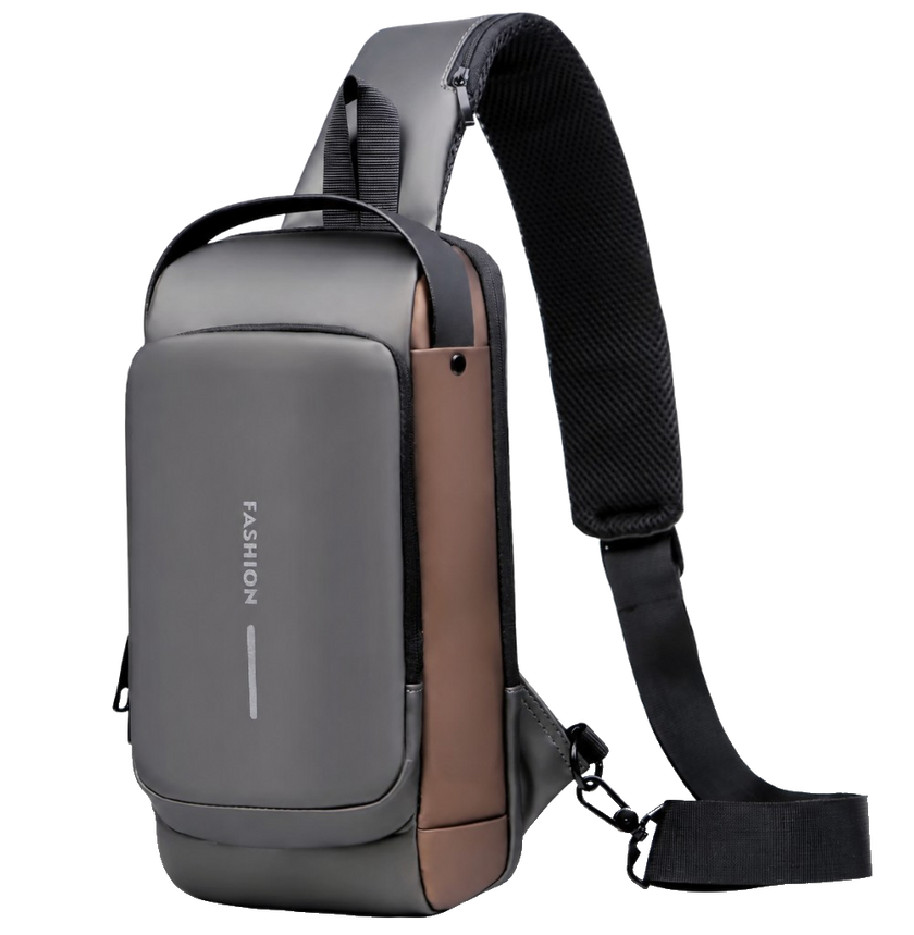 Gray & Brown water resistant anti theft sling bag with crossbody strap and organized storage