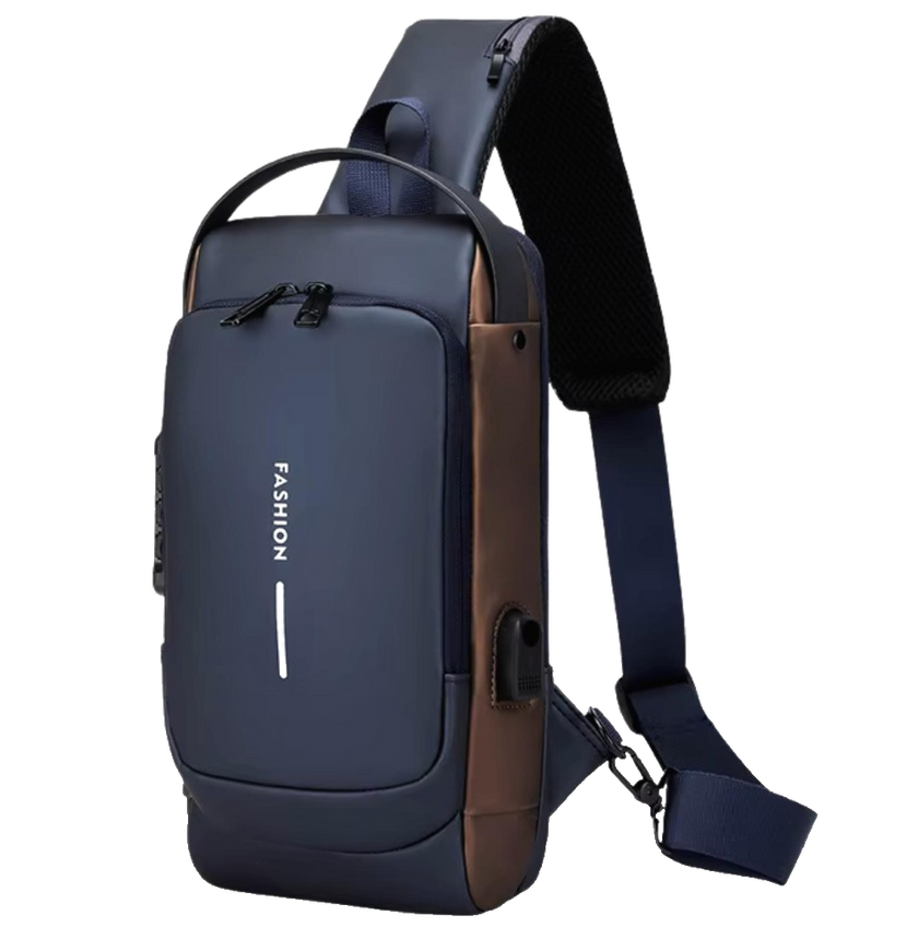 Navy & Brown water resistant anti theft sling bag with crossbody strap and organized storage